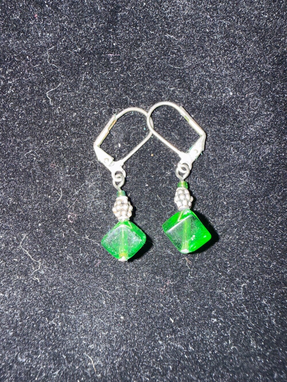 green glass square dangle earrings, silver hooks, filigree design